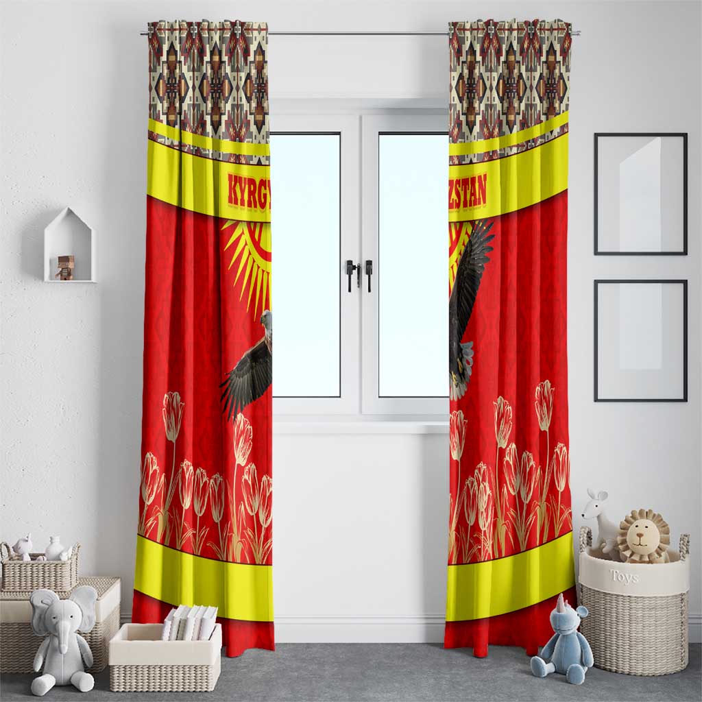 Kyrgyzstan Eagle and Tulip Window Curtain with Red Ethnic Pattern with National Sun Emblem - Wonder Print Shop