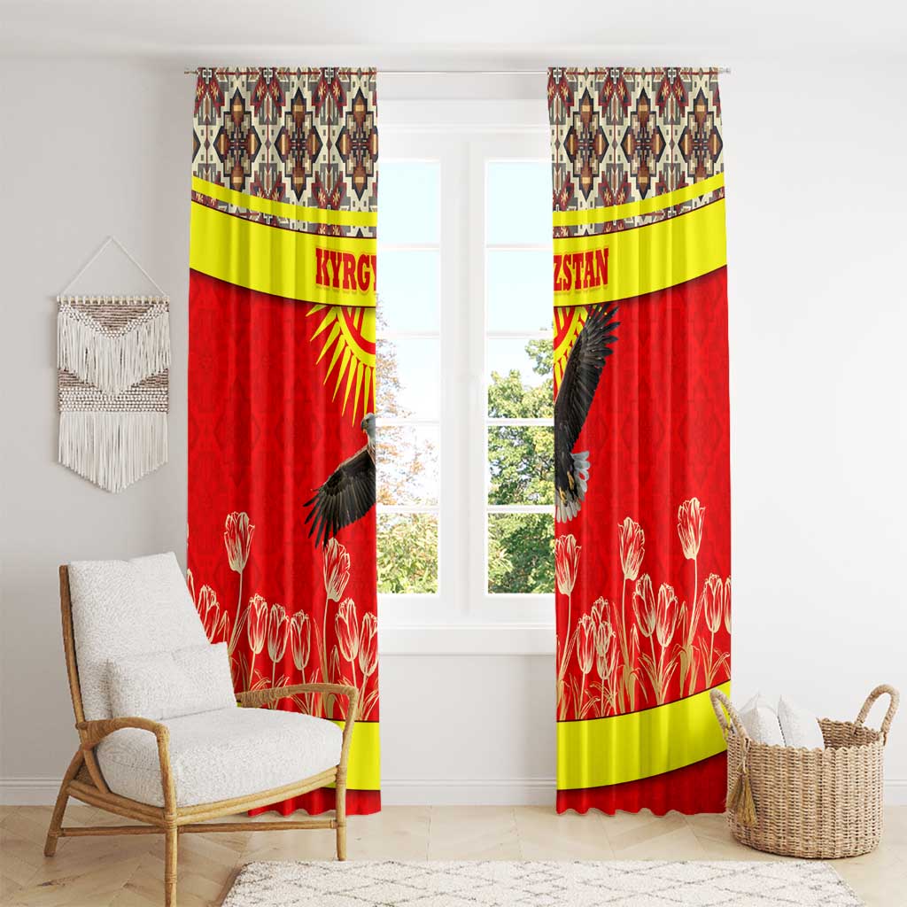 Kyrgyzstan Eagle and Tulip Window Curtain with Red Ethnic Pattern with National Sun Emblem - Wonder Print Shop