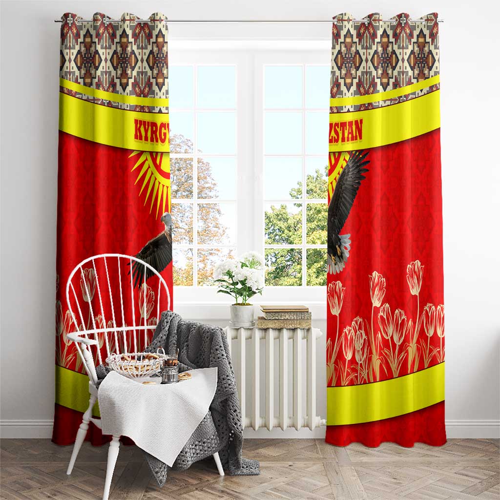 Kyrgyzstan Eagle and Tulip Window Curtain with Red Ethnic Pattern with National Sun Emblem - Wonder Print Shop