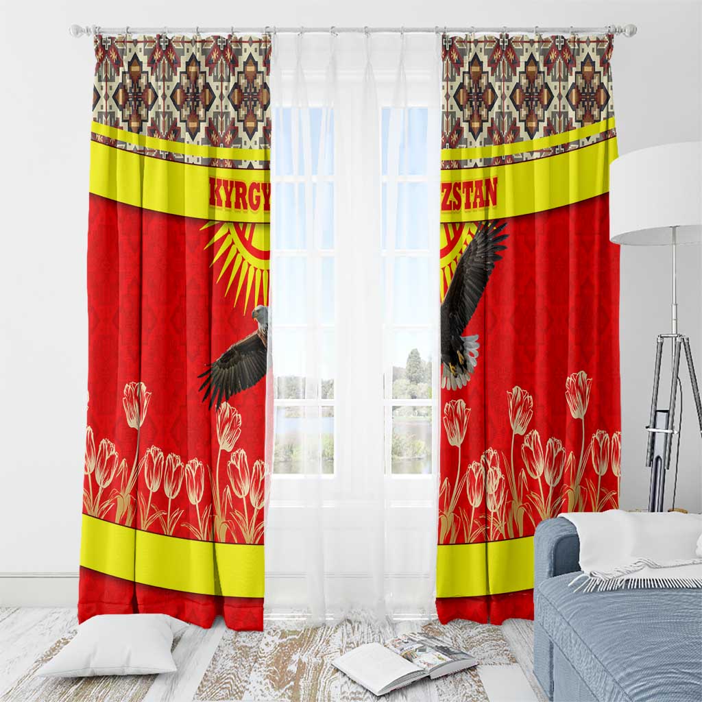 Kyrgyzstan Eagle and Tulip Window Curtain with Red Ethnic Pattern with National Sun Emblem - Wonder Print Shop