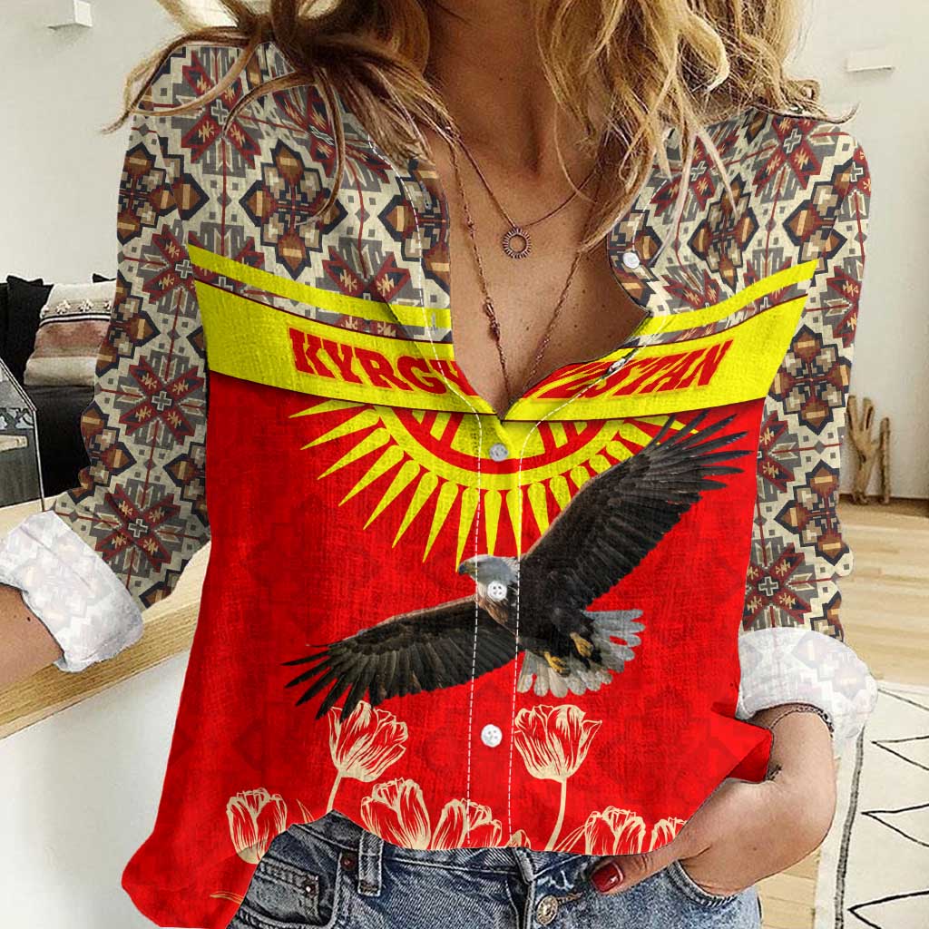 Kyrgyzstan Eagle and Tulip Women Casual Shirt with Red Ethnic Pattern with National Sun Emblem - Wonder Print Shop
