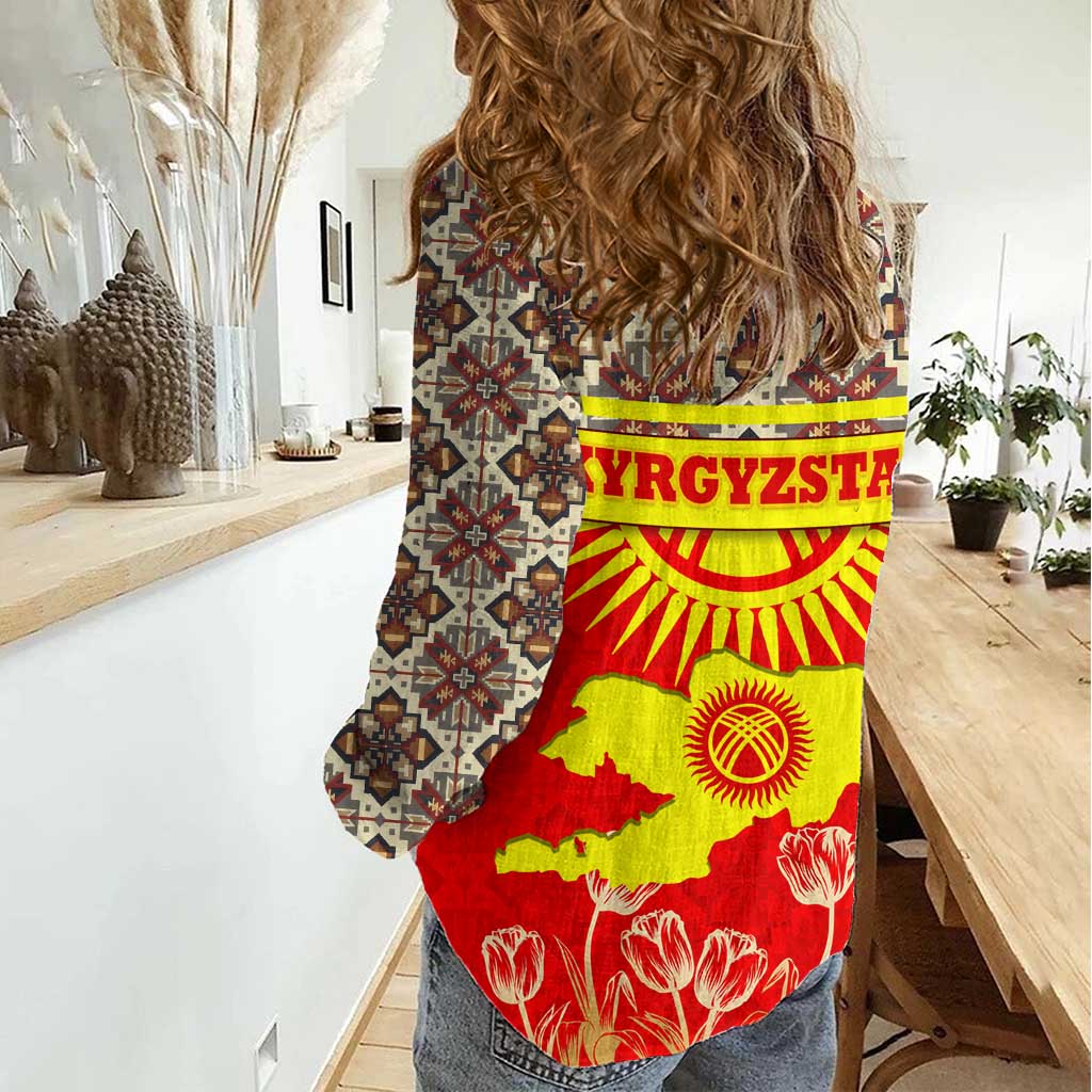 Kyrgyzstan Eagle and Tulip Women Casual Shirt with Red Ethnic Pattern with National Sun Emblem - Wonder Print Shop
