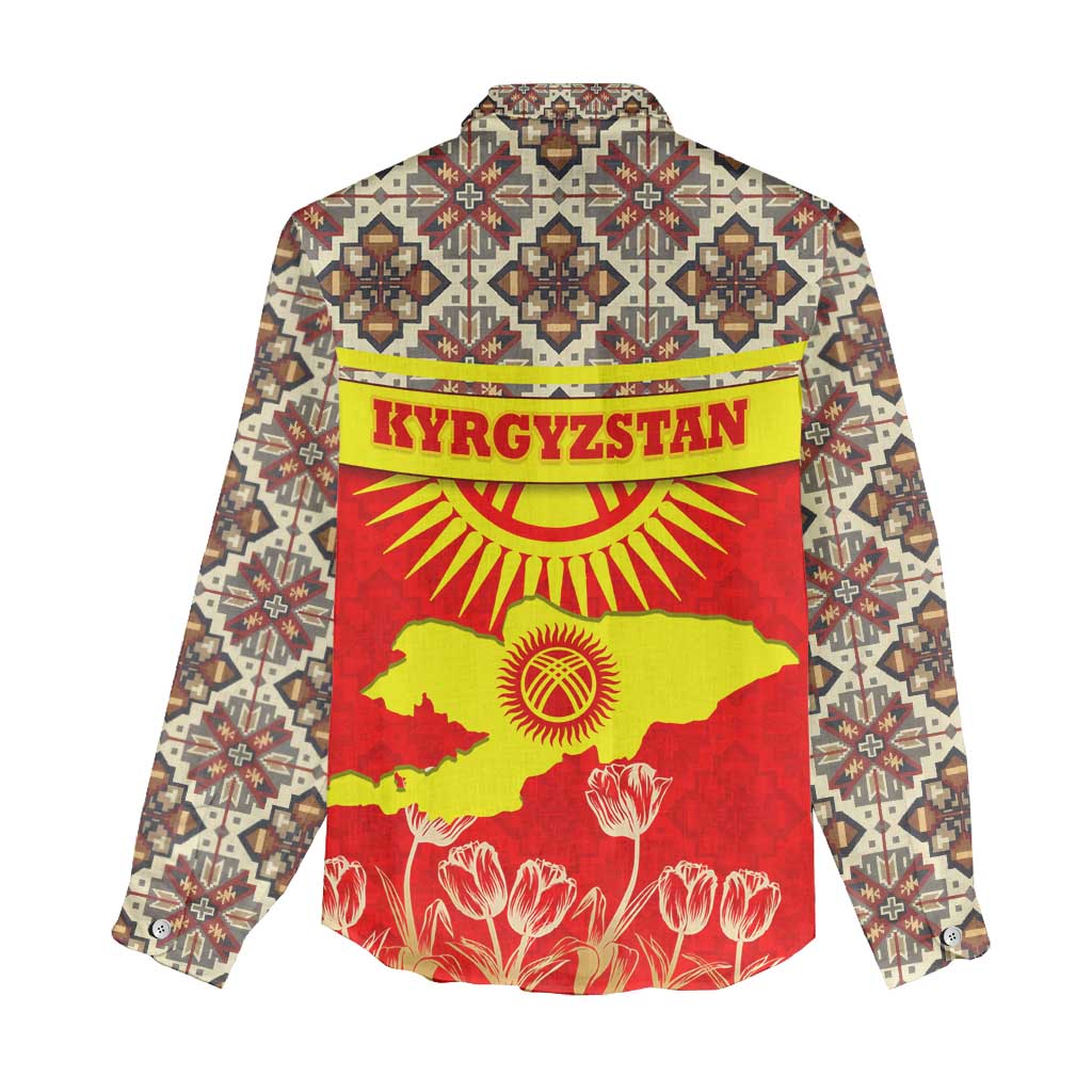 Kyrgyzstan Eagle and Tulip Women Casual Shirt with Red Ethnic Pattern with National Sun Emblem - Wonder Print Shop