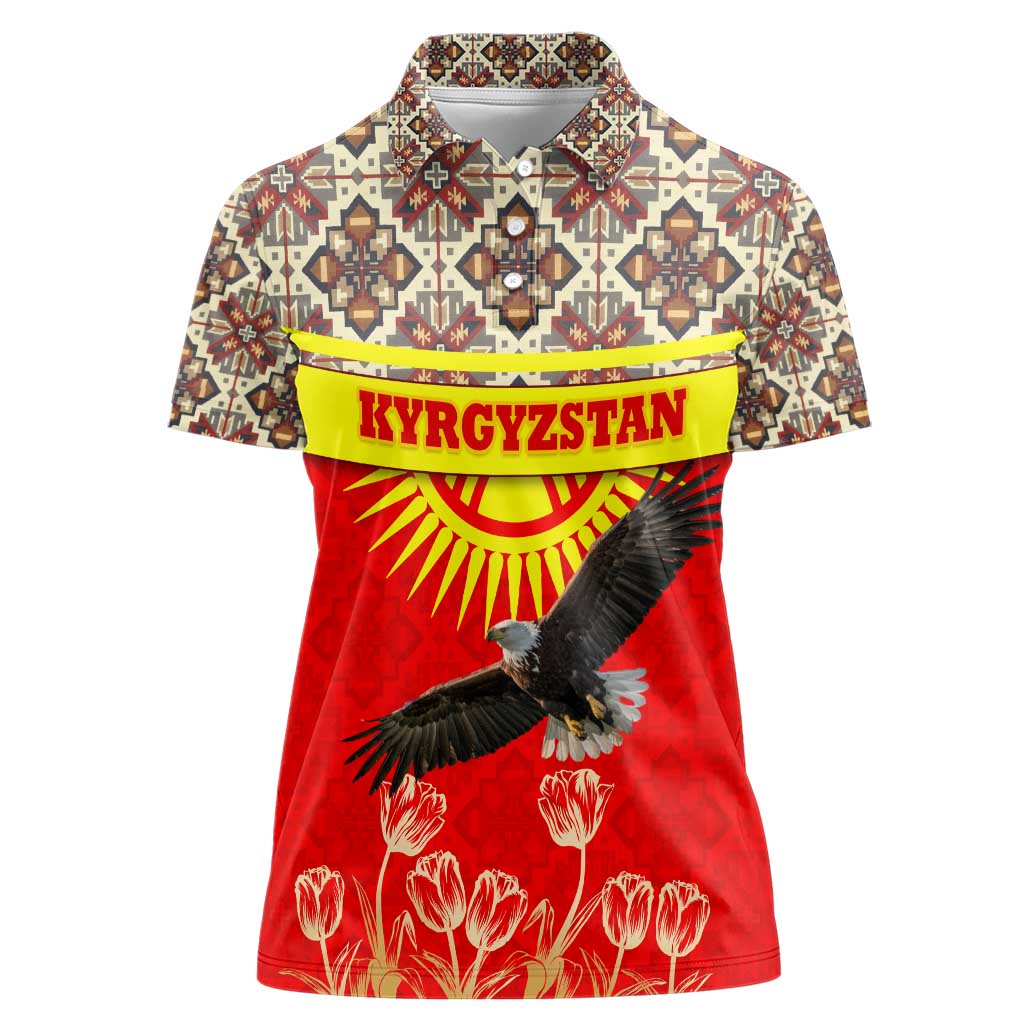 Kyrgyzstan Eagle and Tulip Women Polo Shirt with Red Ethnic Pattern with National Sun Emblem - Wonder Print Shop