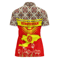Kyrgyzstan Eagle and Tulip Women Polo Shirt with Red Ethnic Pattern with National Sun Emblem - Wonder Print Shop