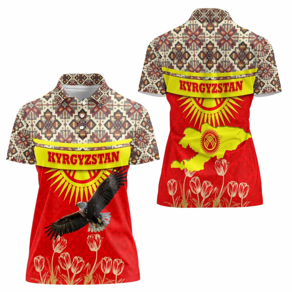 Kyrgyzstan Eagle and Tulip Women Polo Shirt with Red Ethnic Pattern with National Sun Emblem - Wonder Print Shop