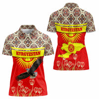 Kyrgyzstan Eagle and Tulip Women Polo Shirt with Red Ethnic Pattern with National Sun Emblem - Wonder Print Shop
