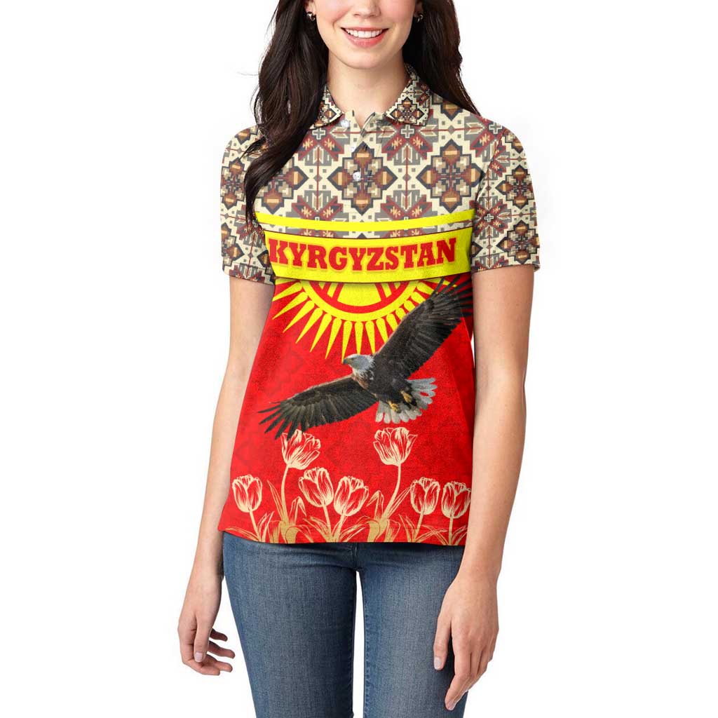 Kyrgyzstan Eagle and Tulip Women Polo Shirt with Red Ethnic Pattern with National Sun Emblem - Wonder Print Shop
