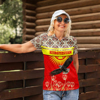 Kyrgyzstan Eagle and Tulip Women Polo Shirt with Red Ethnic Pattern with National Sun Emblem - Wonder Print Shop