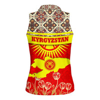 Kyrgyzstan Eagle and Tulip Women Sleeveless Polo Shirt with Red Ethnic Pattern with National Sun Emblem - Wonder Print Shop