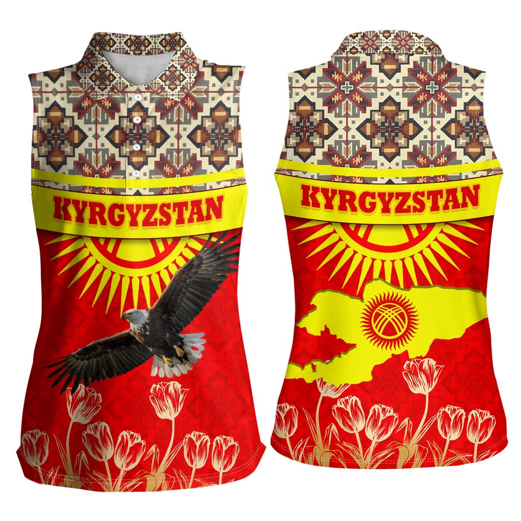 Kyrgyzstan Eagle and Tulip Women Sleeveless Polo Shirt with Red Ethnic Pattern with National Sun Emblem - Wonder Print Shop