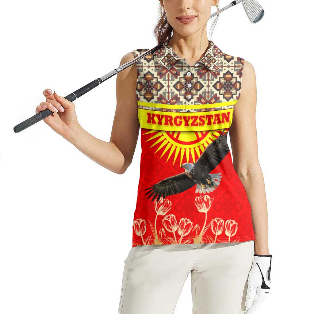 Kyrgyzstan Eagle and Tulip Women Sleeveless Polo Shirt with Red Ethnic Pattern with National Sun Emblem - Wonder Print Shop