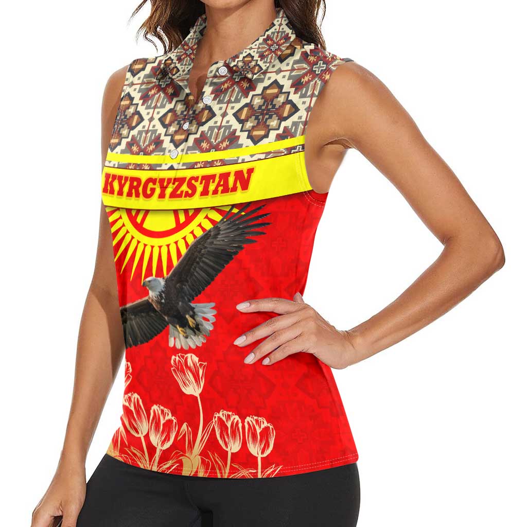 Kyrgyzstan Eagle and Tulip Women Sleeveless Polo Shirt with Red Ethnic Pattern with National Sun Emblem - Wonder Print Shop