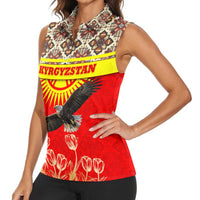 Kyrgyzstan Eagle and Tulip Women Sleeveless Polo Shirt with Red Ethnic Pattern with National Sun Emblem - Wonder Print Shop