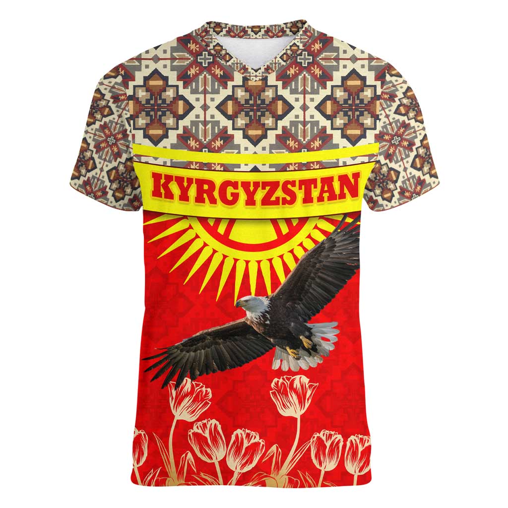 Kyrgyzstan Eagle and Tulip Women V-Neck T-Shirt with Red Ethnic Pattern with National Sun Emblem - Wonder Print Shop