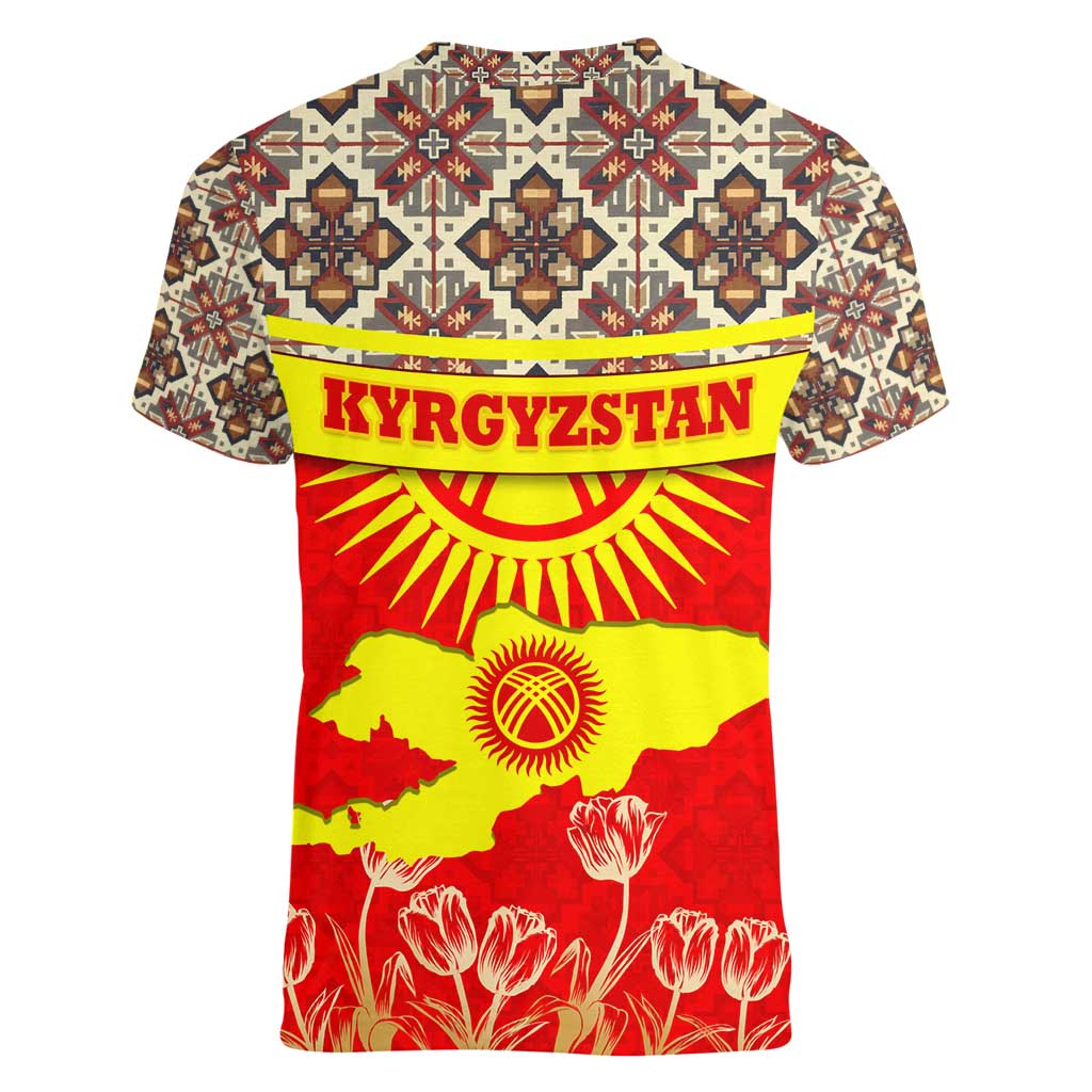 Kyrgyzstan Eagle and Tulip Women V-Neck T-Shirt with Red Ethnic Pattern with National Sun Emblem - Wonder Print Shop