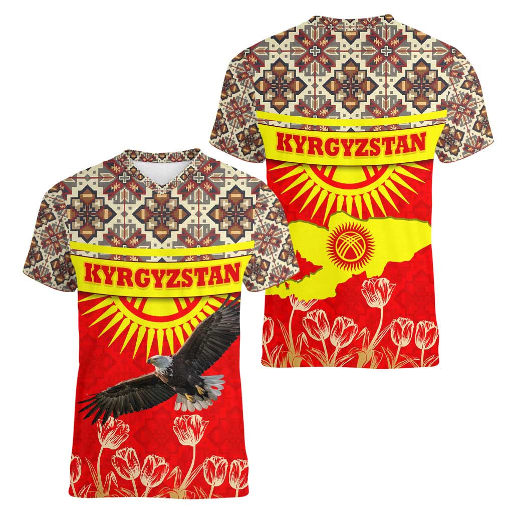Kyrgyzstan Eagle and Tulip Women V-Neck T-Shirt with Red Ethnic Pattern with National Sun Emblem - Wonder Print Shop