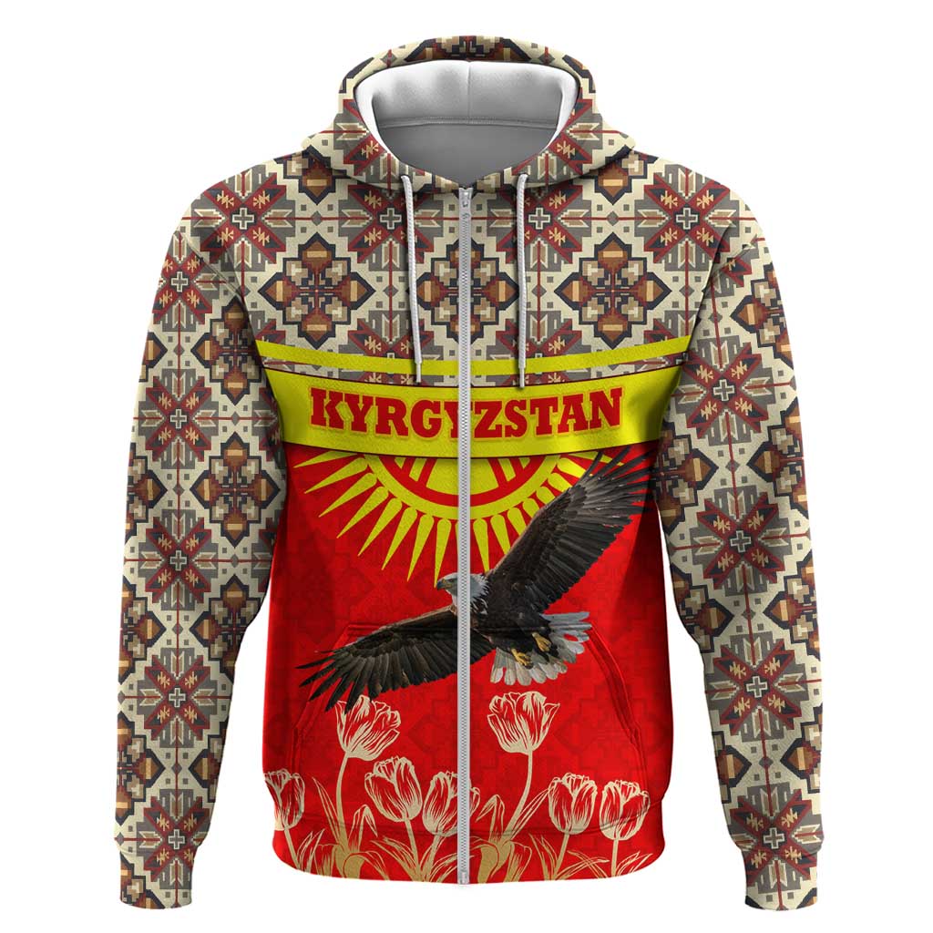 Kyrgyzstan Eagle and Tulip Zip Hoodie with Red Ethnic Pattern with National Sun Emblem - Wonder Print Shop