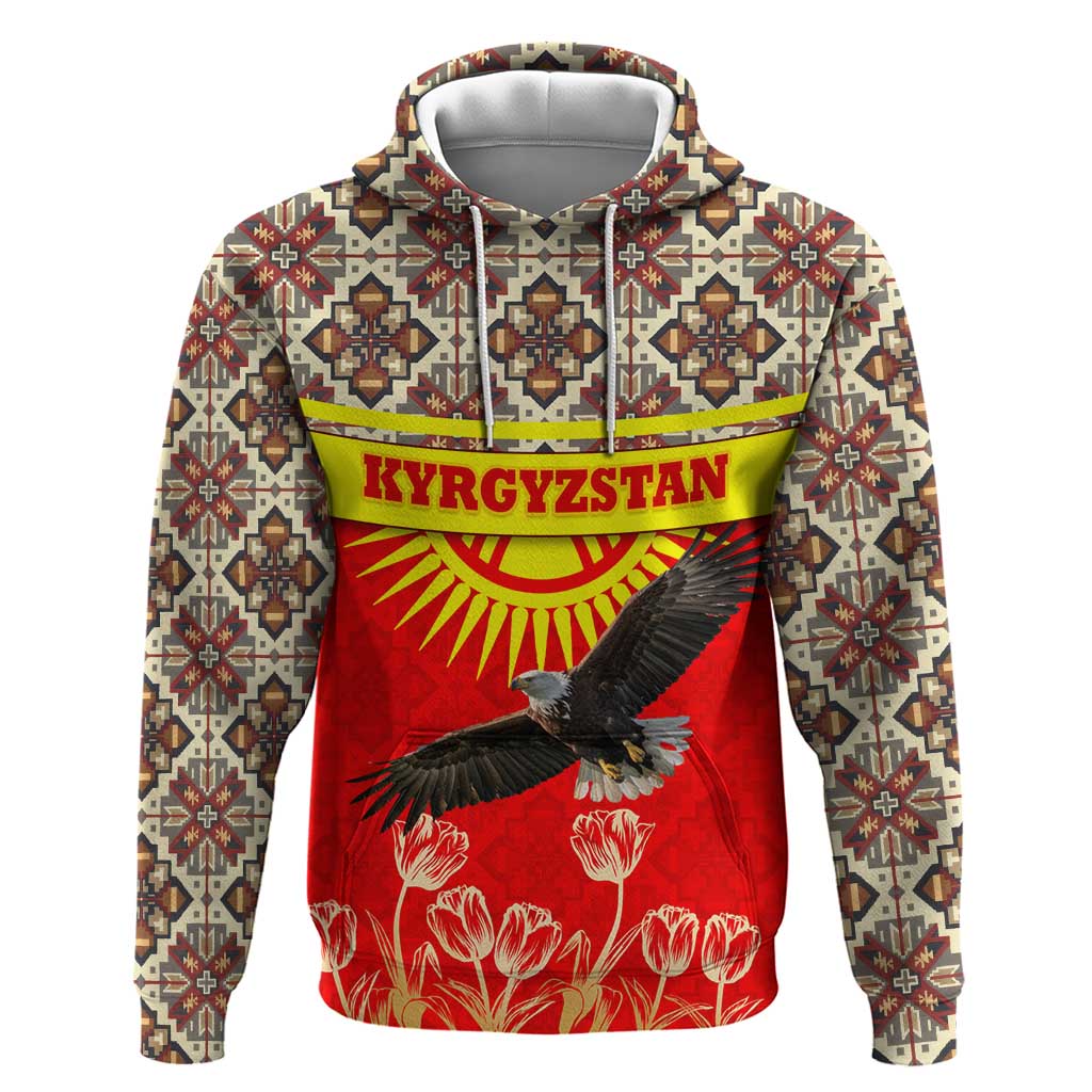 Kyrgyzstan Eagle and Tulip Zip Hoodie with Red Ethnic Pattern with National Sun Emblem - Wonder Print Shop