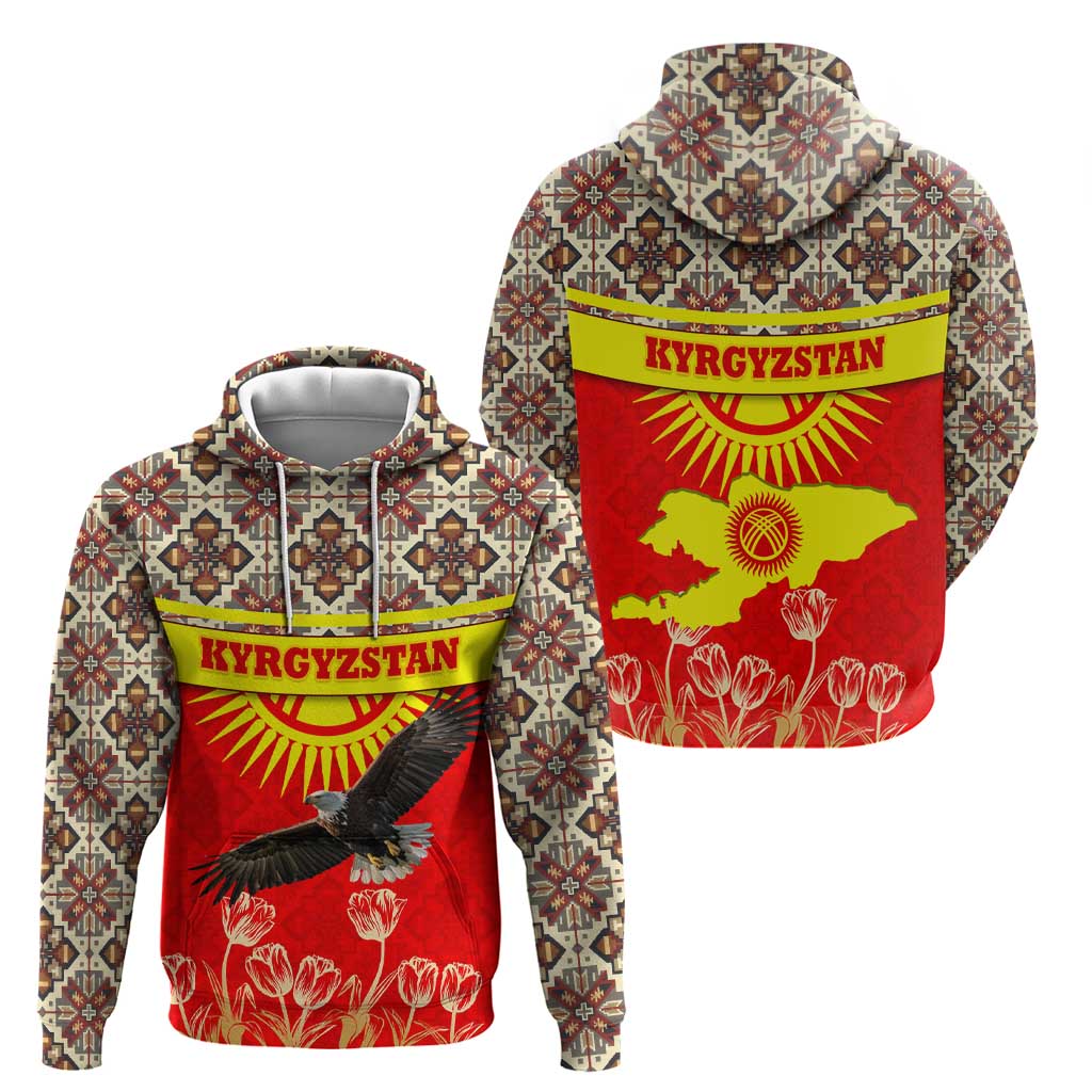 Kyrgyzstan Eagle and Tulip Zip Hoodie with Red Ethnic Pattern with National Sun Emblem - Wonder Print Shop