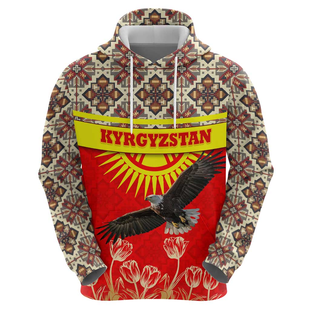 Kyrgyzstan Eagle and Tulip Zip Hoodie with Red Ethnic Pattern with National Sun Emblem - Wonder Print Shop