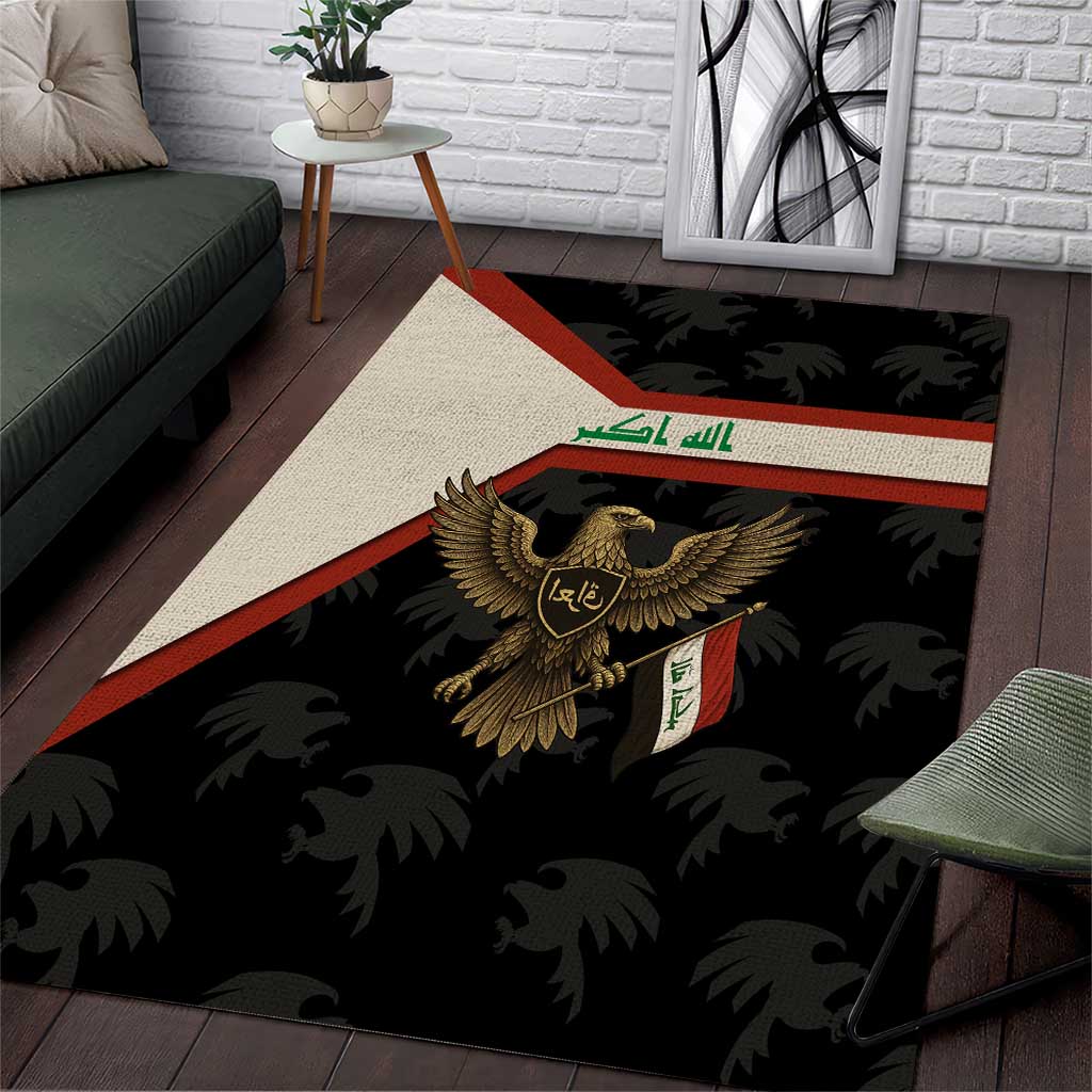 Iraq Golden Eagle Emblem Area Rug with Flag Stripes and National Arabic Script Design - Wonder Print Shop
