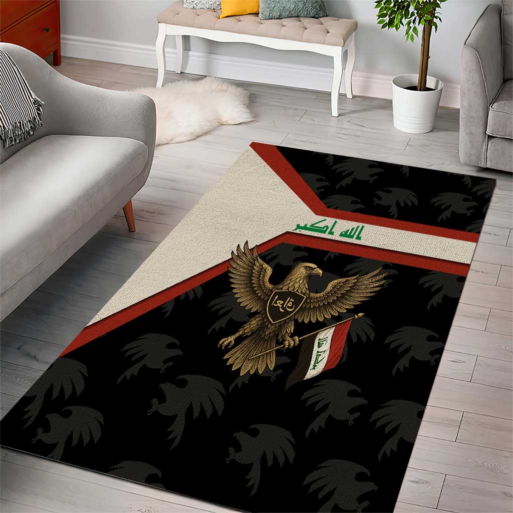 Iraq Golden Eagle Emblem Area Rug with Flag Stripes and National Arabic Script Design - Wonder Print Shop