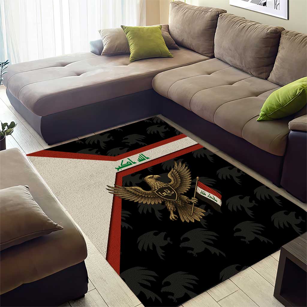 Iraq Golden Eagle Emblem Area Rug with Flag Stripes and National Arabic Script Design - Wonder Print Shop