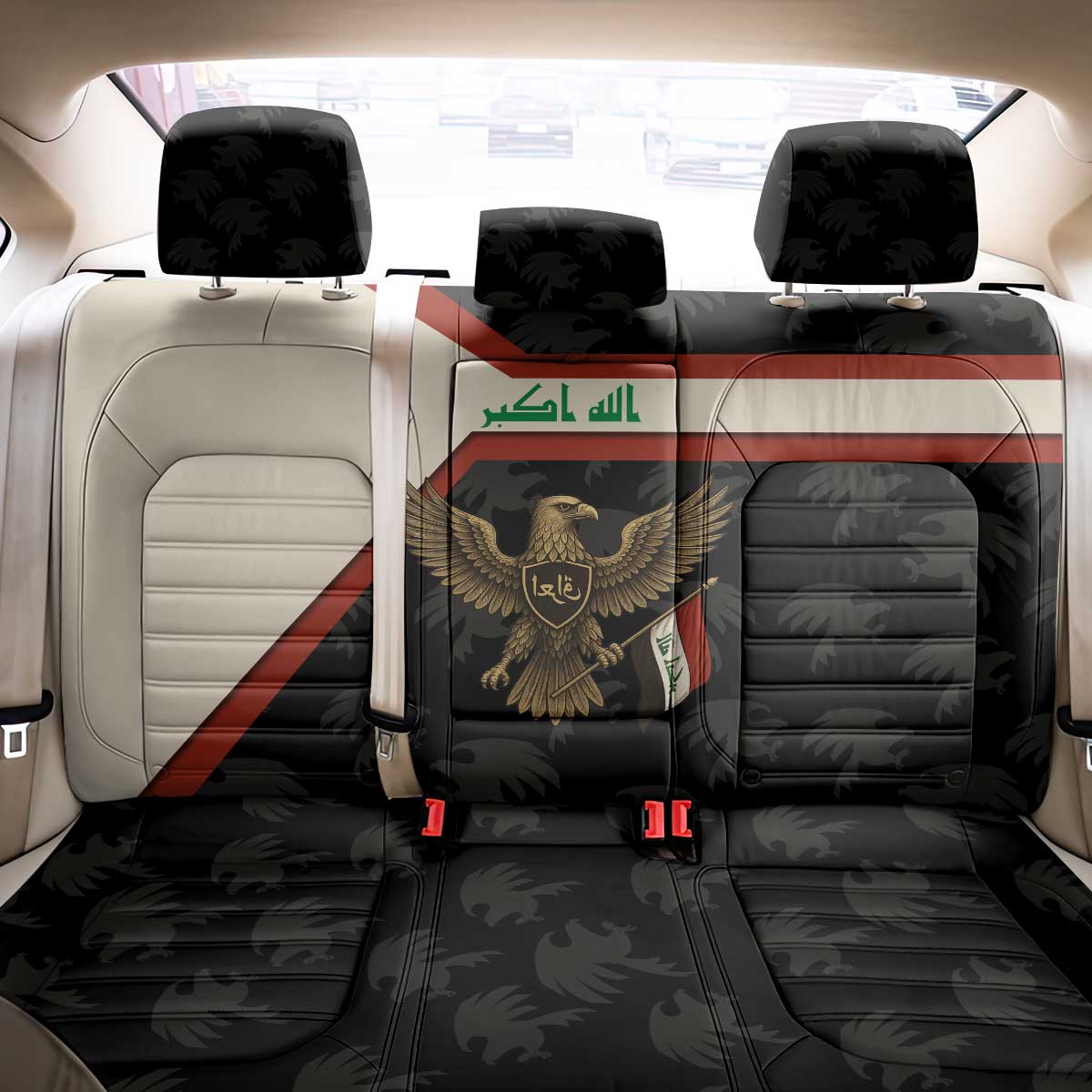Iraq Golden Eagle Emblem Back Car Seat Cover with Flag Stripes and National Arabic Script Design - Wonder Print Shop
