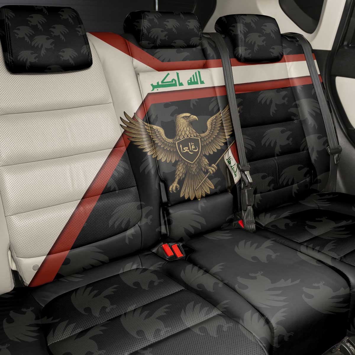 Iraq Golden Eagle Emblem Back Car Seat Cover with Flag Stripes and National Arabic Script Design - Wonder Print Shop