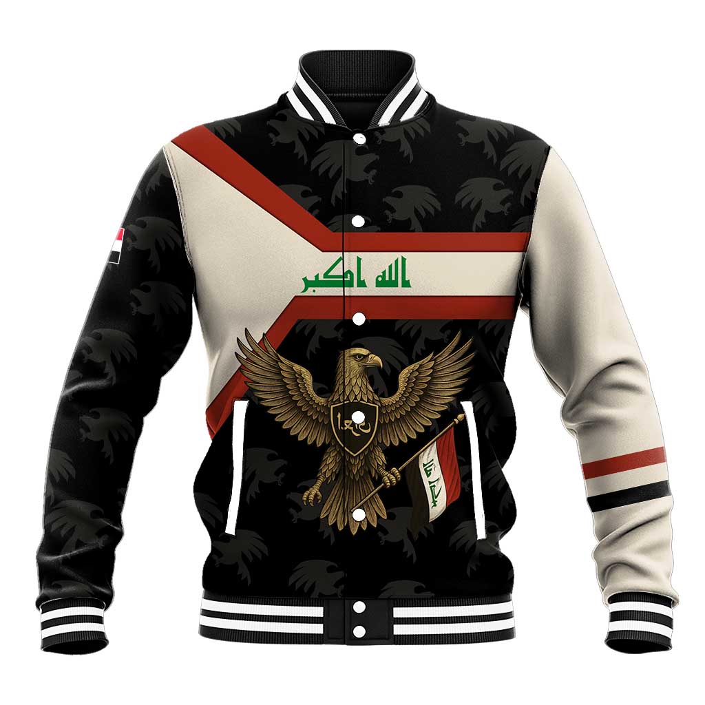Iraq Golden Eagle Emblem Baseball Jacket with Flag Stripes and National Arabic Script Design - Wonder Print Shop