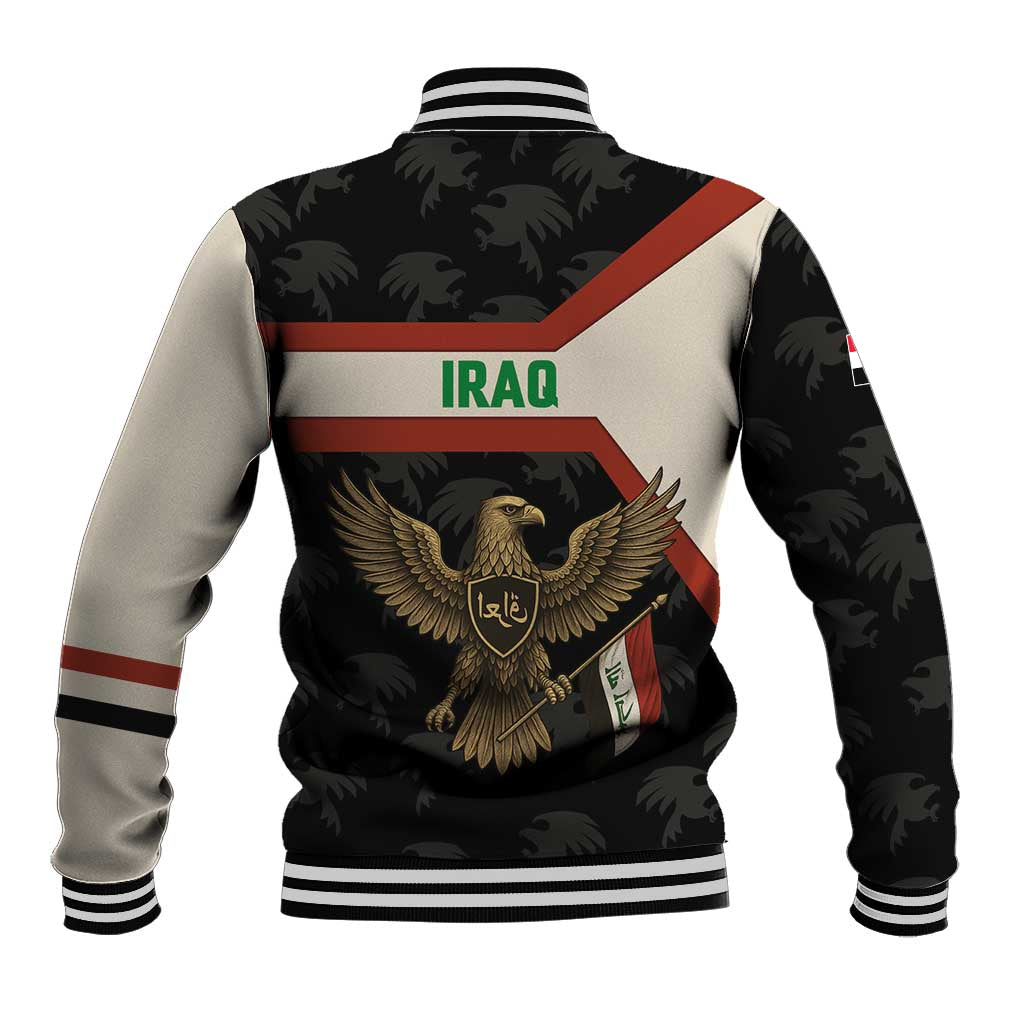 Iraq Golden Eagle Emblem Baseball Jacket with Flag Stripes and National Arabic Script Design - Wonder Print Shop