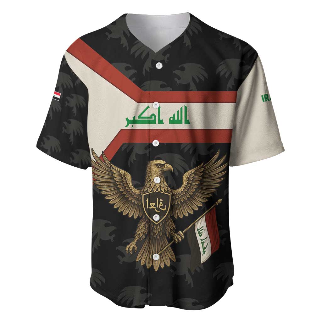 Iraq Golden Eagle Emblem Baseball Jersey with Flag Stripes and National Arabic Script Design - Wonder Print Shop