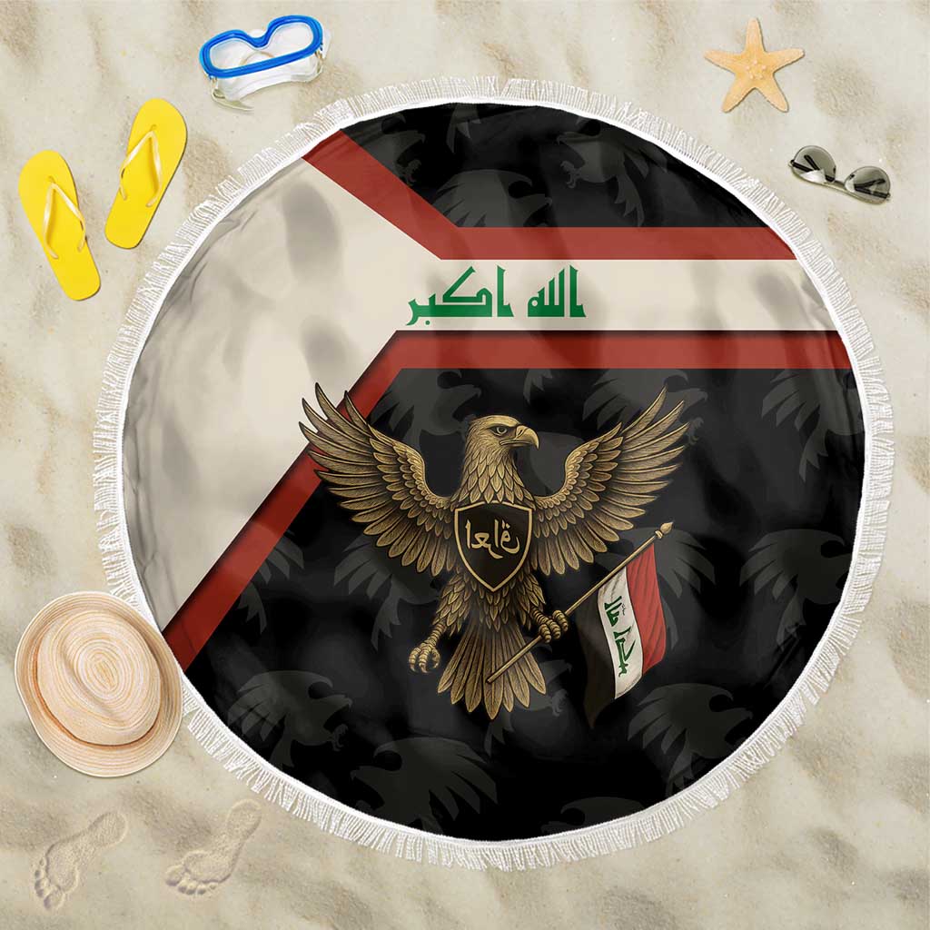 Iraq Golden Eagle Emblem Beach Blanket with Flag Stripes and National Arabic Script Design - Wonder Print Shop