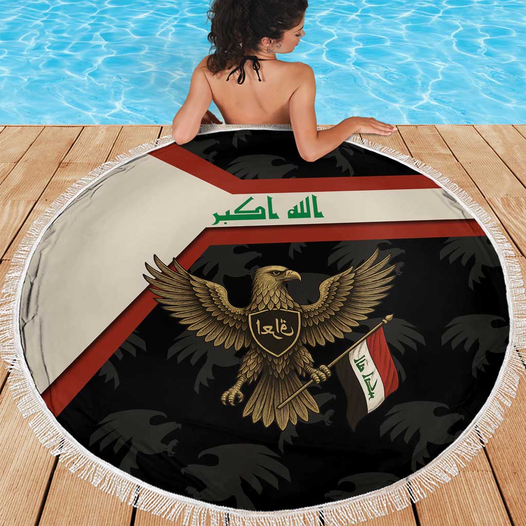 Iraq Golden Eagle Emblem Beach Blanket with Flag Stripes and National Arabic Script Design - Wonder Print Shop