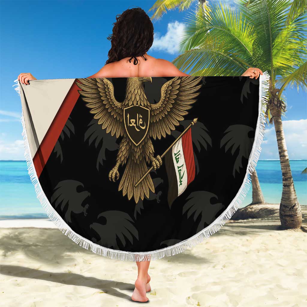 Iraq Golden Eagle Emblem Beach Blanket with Flag Stripes and National Arabic Script Design - Wonder Print Shop
