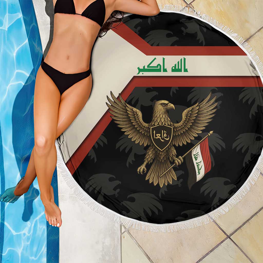Iraq Golden Eagle Emblem Beach Blanket with Flag Stripes and National Arabic Script Design - Wonder Print Shop
