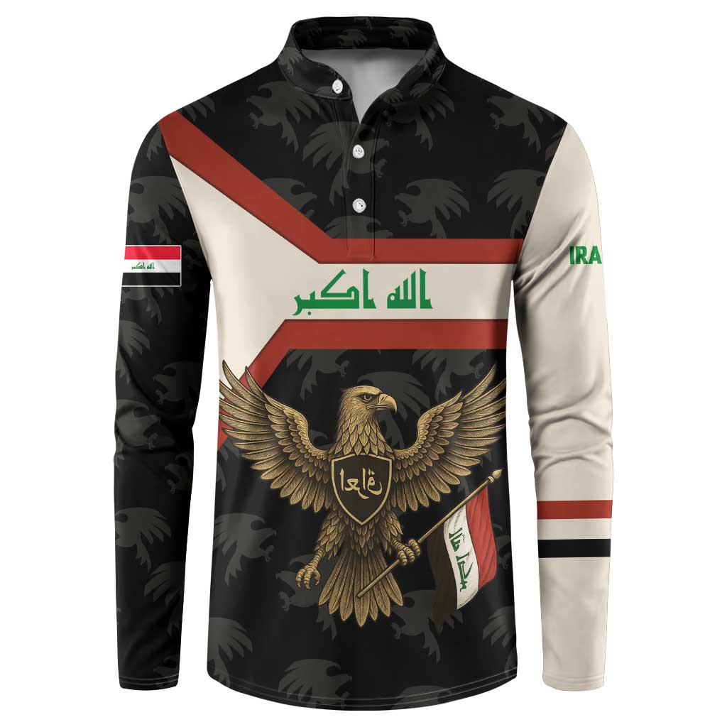 Iraq Golden Eagle Emblem Button Sweatshirt with Flag Stripes and National Arabic Script Design - Wonder Print Shop
