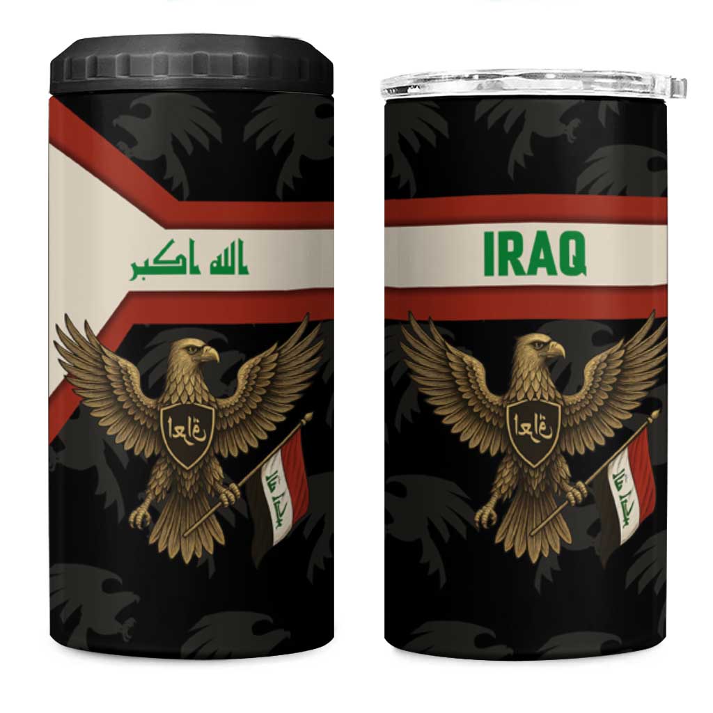 Iraq Golden Eagle Emblem 4 in 1 Can Cooler Tumbler with Flag Stripes and National Arabic Script Design - Wonder Print Shop