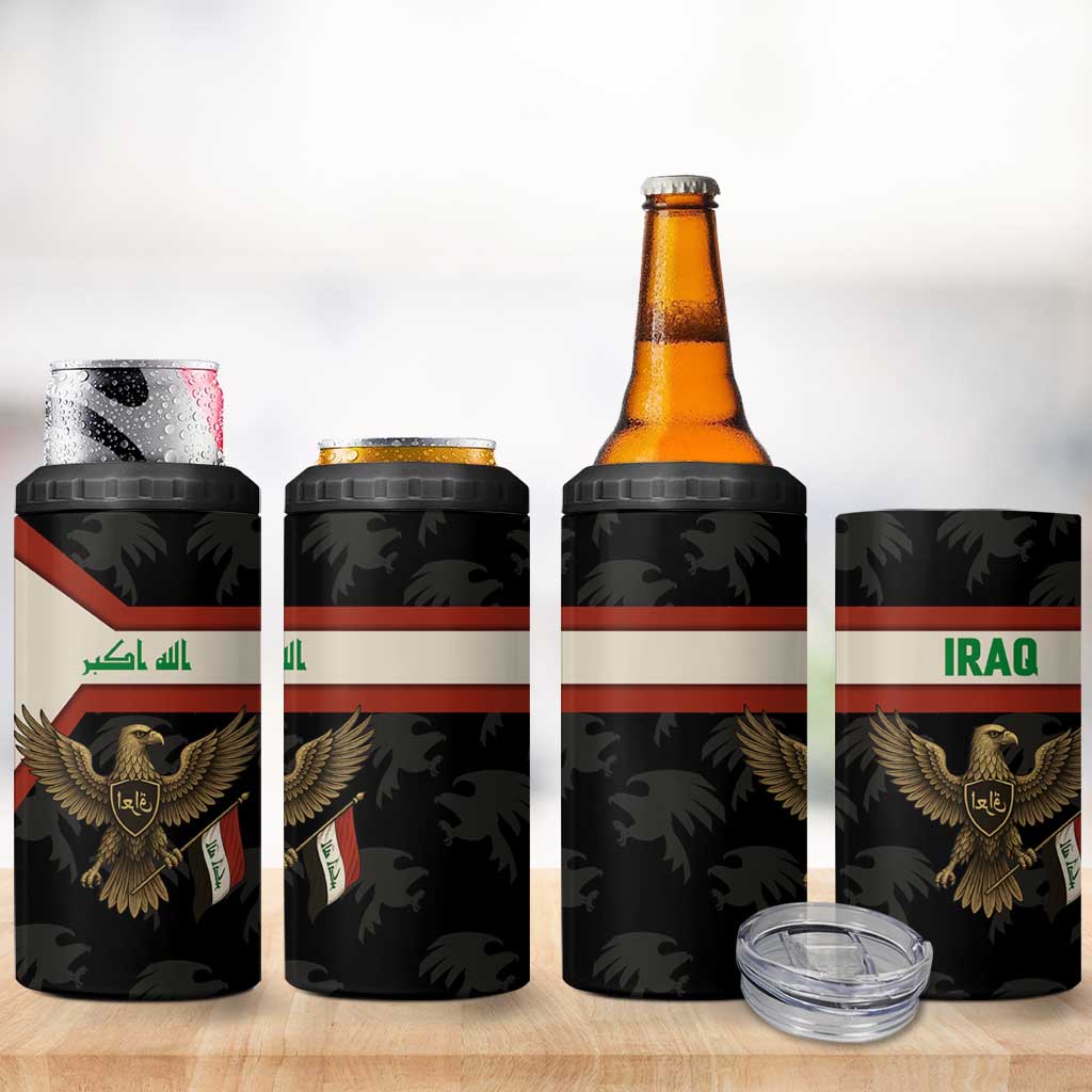 Iraq Golden Eagle Emblem 4 in 1 Can Cooler Tumbler with Flag Stripes and National Arabic Script Design - Wonder Print Shop