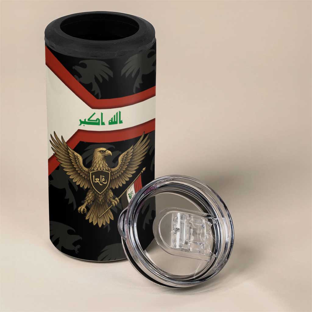Iraq Golden Eagle Emblem 4 in 1 Can Cooler Tumbler with Flag Stripes and National Arabic Script Design - Wonder Print Shop