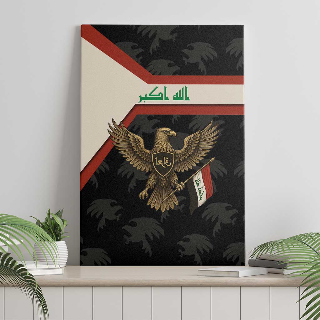 Iraq Golden Eagle Emblem Canvas Wall Art with Flag Stripes and National Arabic Script Design - Wonder Print Shop