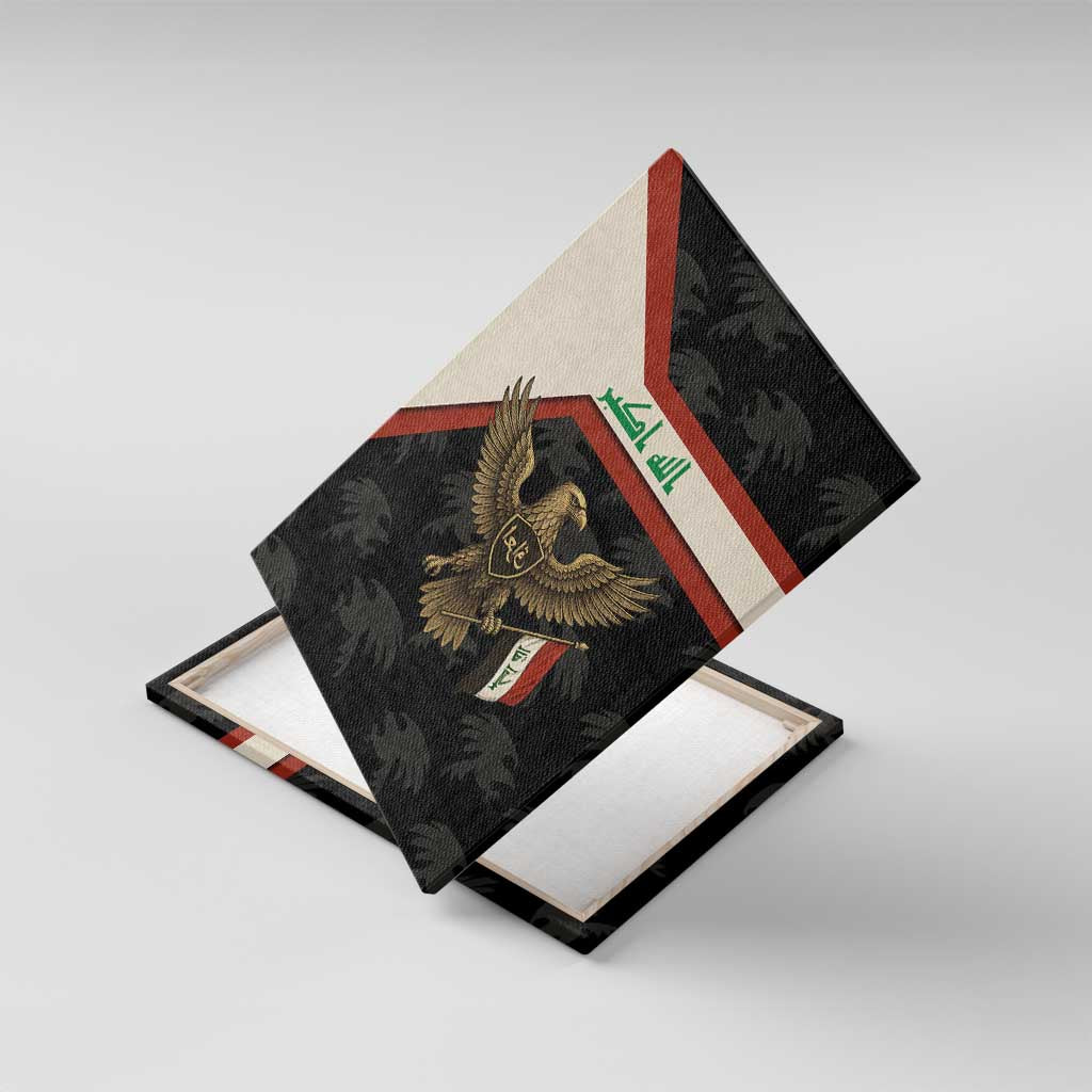 Iraq Golden Eagle Emblem Canvas Wall Art with Flag Stripes and National Arabic Script Design - Wonder Print Shop