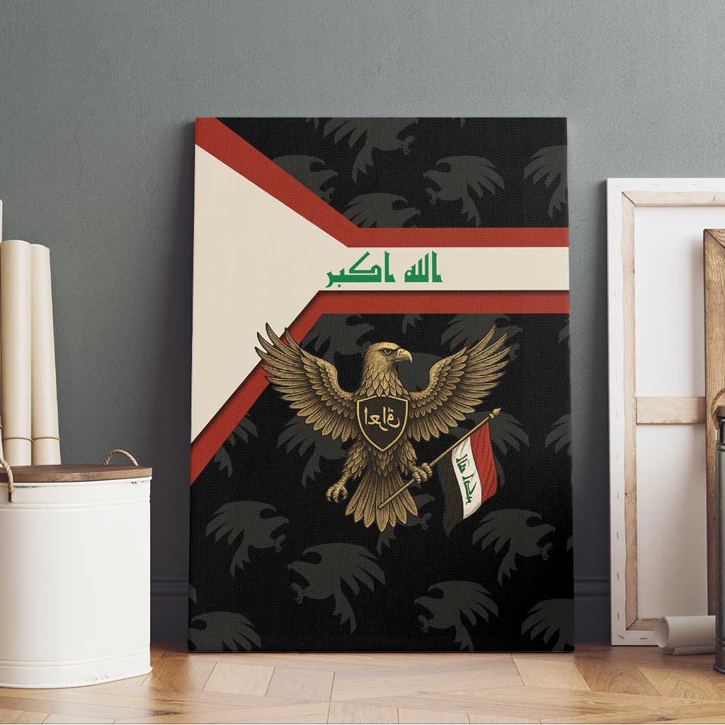 Iraq Golden Eagle Emblem Canvas Wall Art with Flag Stripes and National Arabic Script Design - Wonder Print Shop