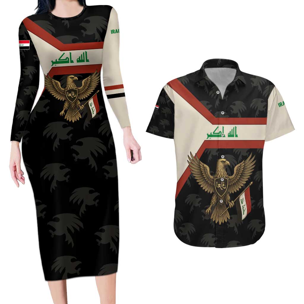 Iraq Golden Eagle Emblem Couples Matching Long Sleeve Bodycon Dress and Hawaiian Shirt with Flag Stripes and National Arabic Script Design - Wonder Print Shop