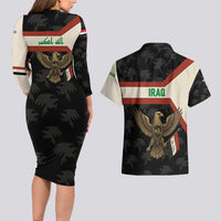 Iraq Golden Eagle Emblem Couples Matching Long Sleeve Bodycon Dress and Hawaiian Shirt with Flag Stripes and National Arabic Script Design - Wonder Print Shop