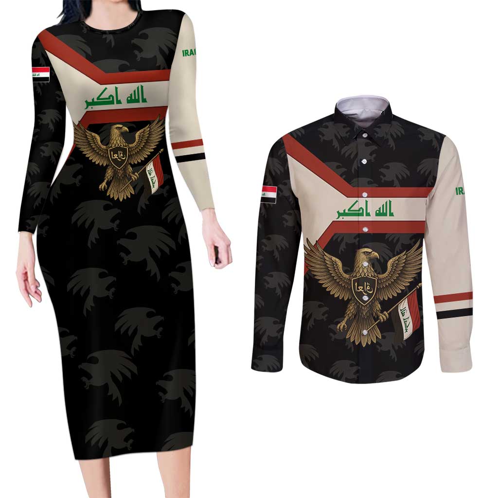 Iraq Golden Eagle Emblem Couples Matching Long Sleeve Bodycon Dress and Long Sleeve Button Shirt with Flag Stripes and National Arabic Script Design - Wonder Print Shop