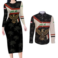 Iraq Golden Eagle Emblem Couples Matching Long Sleeve Bodycon Dress and Long Sleeve Button Shirt with Flag Stripes and National Arabic Script Design - Wonder Print Shop