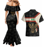 Iraq Golden Eagle Emblem Couples Matching Mermaid Dress and Hawaiian Shirt with Flag Stripes and National Arabic Script Design - Wonder Print Shop