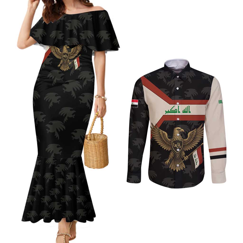 Iraq Golden Eagle Emblem Couples Matching Mermaid Dress and Long Sleeve Button Shirt with Flag Stripes and National Arabic Script Design - Wonder Print Shop